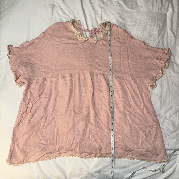 Listicle | Lace Collar High Neck Tie Back Short Sleeve Peasant Blouse - Picture 11 of 12